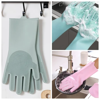 1 пара Волшебных Перчаток Для Мытья Посуды Силиконовая Резиновая Губчатая Перчатка Бытовой Скруббер Кухонные Чистящие Инструменты