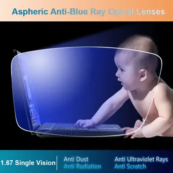 Асферические оптические линзы Single Vision с защитой от синего излучения 1.67, линзы с антирадиационным и антибликовым покрытием UV400