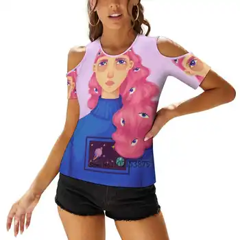 Женская футболка с принтом Eyes, летние повседневные топы, уличная футболка, женский топ в стиле бохо, художественная цифровая иллюстрация, разноцветные глаза, розовый цвет.