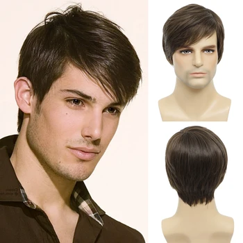 Мужской коричневый парик, прямой короткий мужской парик, реалистичные натуральные мужские парики с боковой частью для мужчин на Хэллоуин, Мужчина