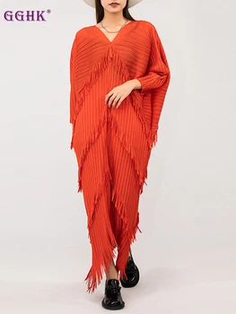 Плиссированное платье GGHK Miyake с кисточками 2023, весенняя мода, V-образный вырез, рукав 