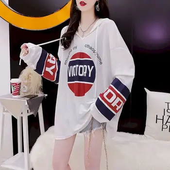 Толстовки в корейском стиле, женские свободные тонкие футболки с капюшоном с длинным рукавом, летние трендовые топы, универсальная женская одежда