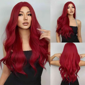 Ярко-рыжие длинные вьющиеся волосы на прямой пробор, пушистая крупная волна, синтетический высокотемпературный шелковый механизм, парик на всю голову